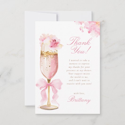 Roze lint bloemblaadjes Prosecco Bruidsdiner Bedankkaart (Voorkant)