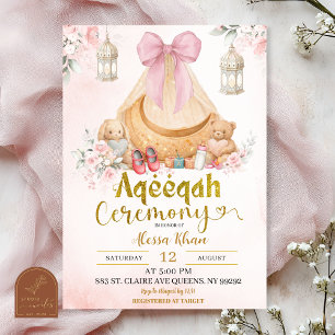 Roze lint bloemenaqeeqah meisjesuitnodiging kaart