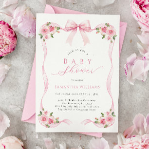 Roze lint bloemige baby shower uitnodiging