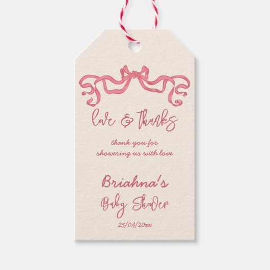 Roze lint boog schets baby shower gunst cadeaulabel (Voorkant)