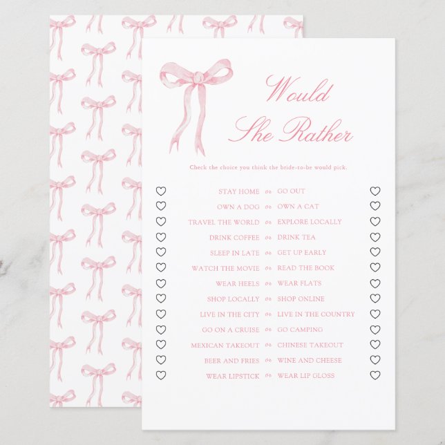 Roze lint bruiloft feest Would She Rather spel (Voorkant / Achterkant)