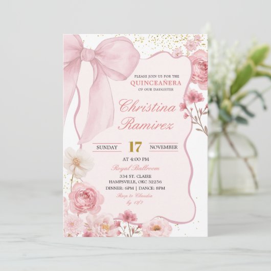 Roze Lint Coquette Bloem Quinceanera Kaart (Staand voorkant)