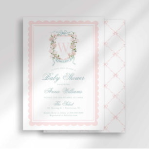 Roze lint crest monogram baby shower kaart
