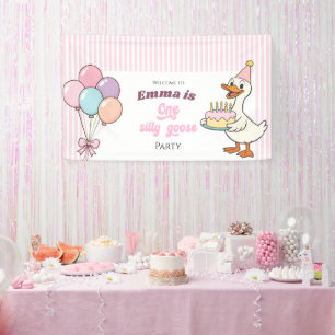 Roze Lint Eén Dwaze Gans Meisje 1e Verjaardagsfees Spandoek