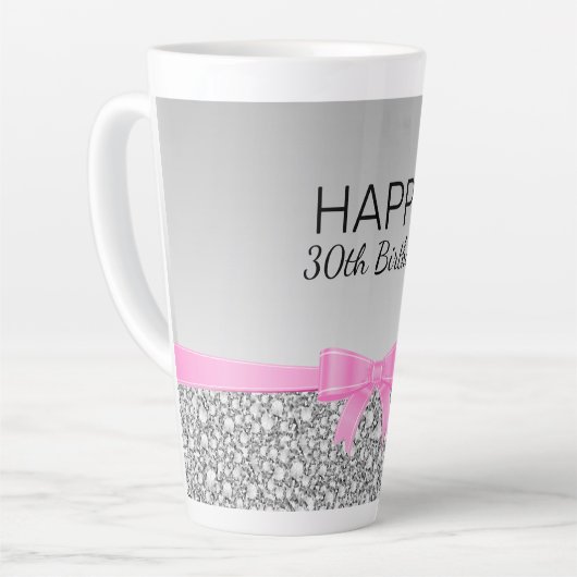 Roze lint en grijs glitter verjaardag latte mok (Linkerhoek)