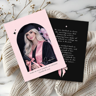 Roze lint foto zwarte achtergrond elegante afstude aankondiging