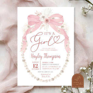 Roze Lint Het is een Meisje Parel Baby Shower Kaart