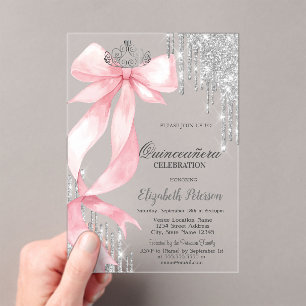Roze lint kroon glittersparels roze goud Quinceañe Acryl Uitnodigingen
