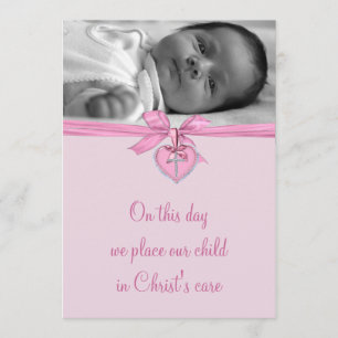 Roze lint kruis baby meisje foto doop kaart