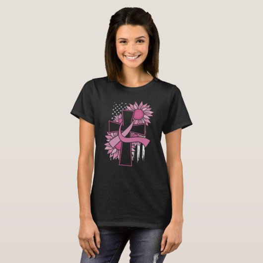Roze Lint Kruis Zonnebloem Borstkanker Geloof T-shirt (Voorkant volledig)