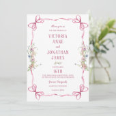 Roze lint Lijst Floral Whimsical Wedding Kaart (Staand voorkant)