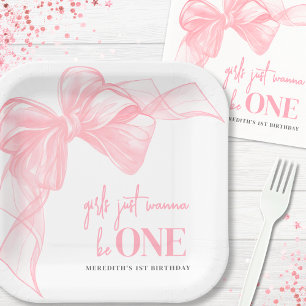 Roze Lint Meisjes 1e Verjaardag Papieren Bordje