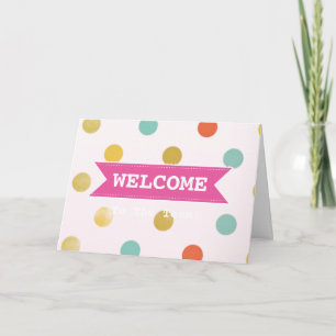 Roze lint met witte rand kleurrijke polka stippen kaart