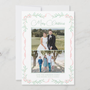 Roze lint mistletoe groen christmas twee foto's feestdagenkaart