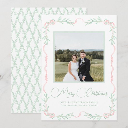 Roze lint mistletoe groen Kerst foto  Feestdagenkaart (Voorkant / Achterkant)