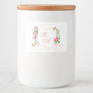 Roze lint monogram bruiloft voedselcontainer etiket