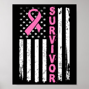 Roze lint overlevende Amerikaanse vlag borstkanker Poster