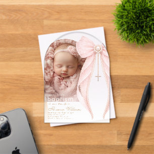Roze lint parels foto baby meisje doop acryl uitnodigingen