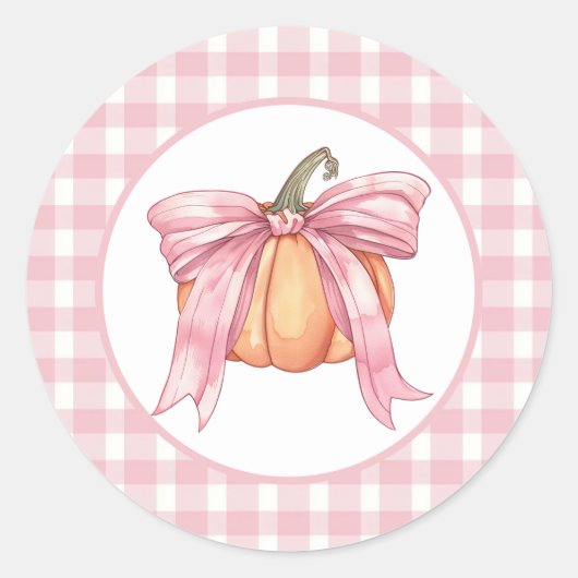 Roze lint pompoen, Gingham Coquette Herfst Ronde Sticker (Voorkant)