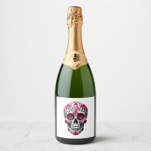 Roze lint suiker schedel Calavera borstkanker Awa Sparkling Wijnetiket