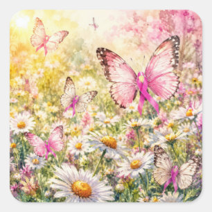 Roze Lint Vlinders in een Zonnig Veld Vierkante Sticker