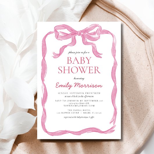 Roze lint waterverf strik meisje baby shower kaart