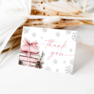 Roze lint winter baby shower, een nieuw hoofdstuk bedankkaart