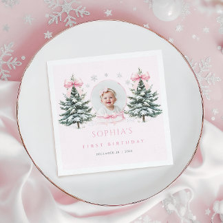 Roze lint Winter Onederland Eerste verjaardag serv Servet