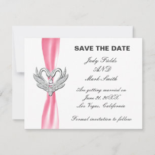 Roze lint zilveren zwanen save the date kaart
