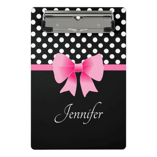 Roze lint Zwarte & Witte Stippen Naam Mini Klembord (Voorkant)