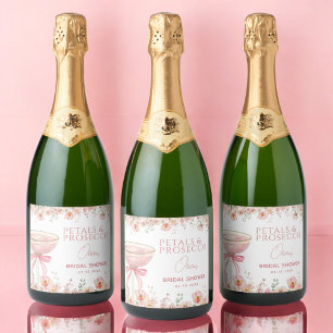 Roze lintbloemblaadjes & Prosecco Blush Bruidsuitn Sparkling Wijnetiket