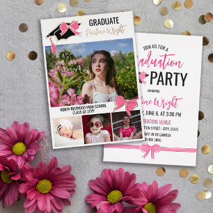 Roze linten foto's goud folie contouren afstuderen uitnodiging