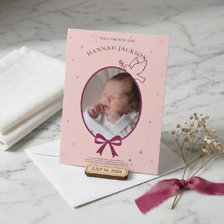 Roze linten strik ovale foto baby meisje vintage kaart