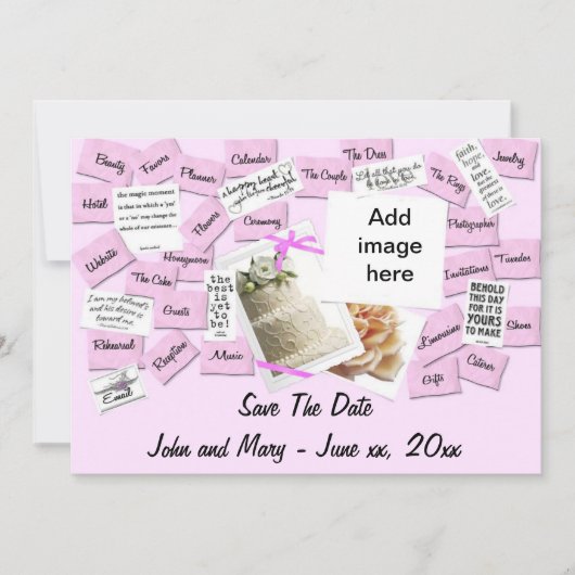 Roze lintje, bruiloft en taart sparen de datum save the date (Voorkant)