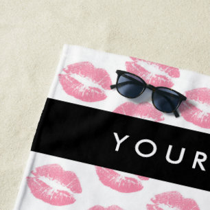 Roze lippen, kus, lippenstift, Jouw naam, personal Strandlaken