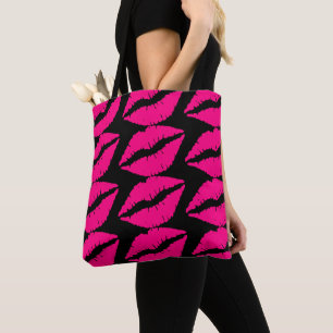 Roze lippenstift pop roze en zwart tote bag
