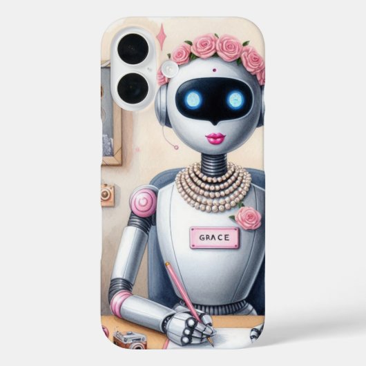 Roze Lipstick Grace AI Robot Meisjesachtige Tech Case-Mate iPhone Case (Achterkant)