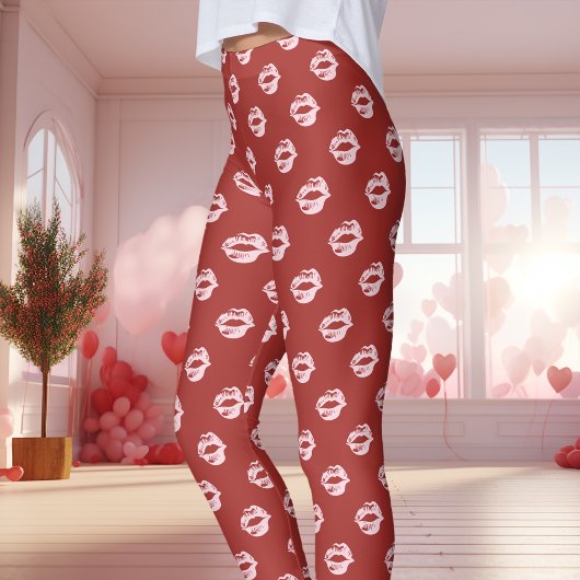 Roze Lipstick Kus Print Rood Leggings