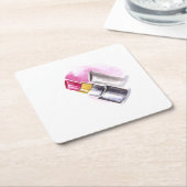 Roze lipstick vierkante kartonnen onderzetter (Schuin)