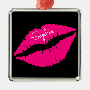 Roze lipstickus pop, persoonlijke naam metalen ornament
