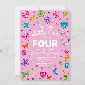 Roze Little Gem Edelsteen Verjaardagsuitnodiging Kaart