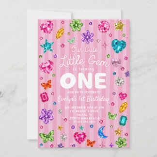 Roze Little Gem Girl 1e verjaardagsuitnodiging Kaart