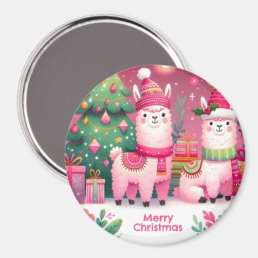Roze Llama Kerstmis Magneet (Voorkant / Achterkant)
