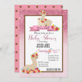 Roze Llama Mama Sparkle Flower Baby shower Invite Kaart (Voorkant / Achterkant)