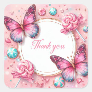 Roze Lollypop Candy Vlinder - Dank je wel - Vierkante Sticker
