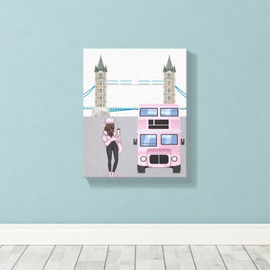 Roze Londense bus met towerbrug Canvas Afdruk (Insitu (Houten vloer))