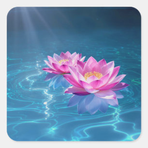 Roze Lotus Bloemen Drijven Op Kristal Blauw Water Vierkante Sticker