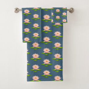 Roze Lotus Flowers & Lily Pads op blauw Bad Handdoek