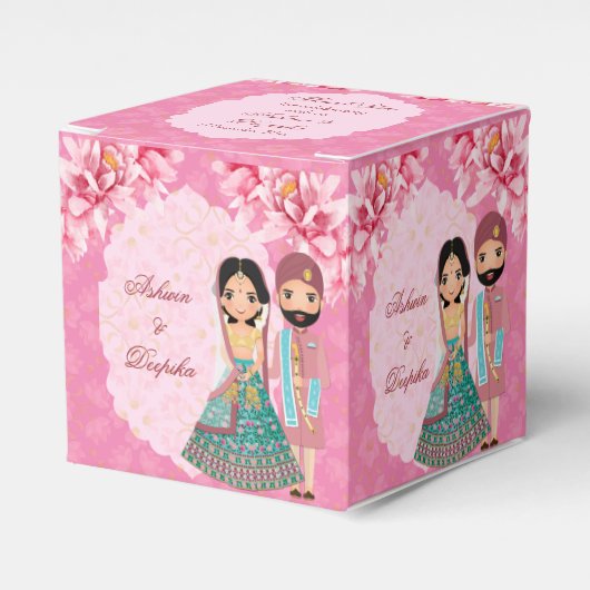 Roze lotusbloemen met schattig Indiaas bruidskoppe Bedankdoosjes (Voorkant Zijde)