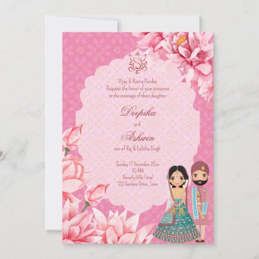 Roze lotusbloemen met schattig Indiaas bruidskoppe Kaart (Voorkant)